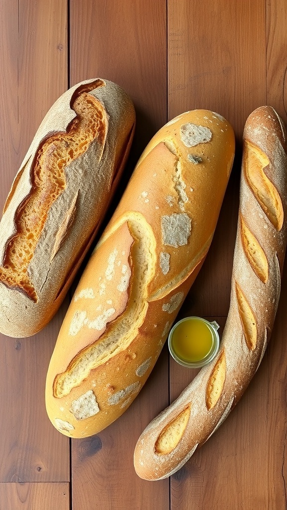 Artisan Bread Styles for Men A selection of artisan breads including sourdough, ciabatta, and baguette on a rustic table with olive oil.